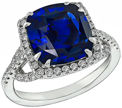 Cushion Cut Sapphire Round Cut Diamond 14k White Gold Engagement Ring