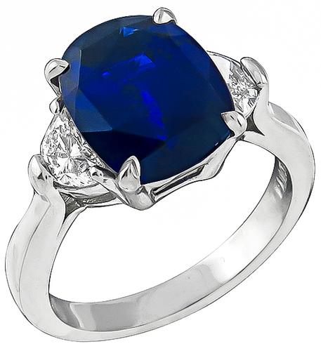 Cushion Cut Ceylon Sapphire Half Moon Cut Diamond Platinum Engagement Ring