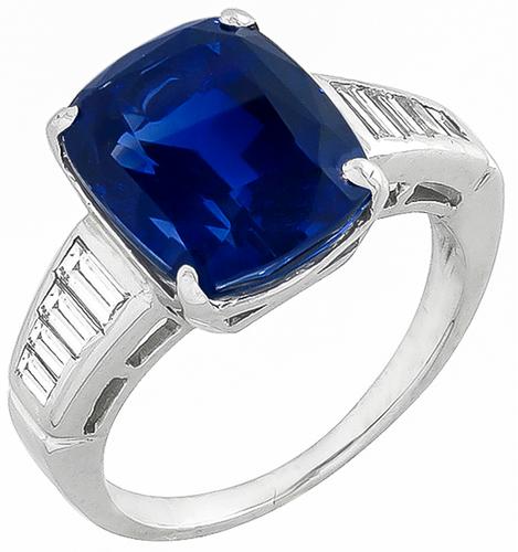Cushion Cut Ceylon Sapphire Baguette Cut Diamond Platinum Engagement Ring