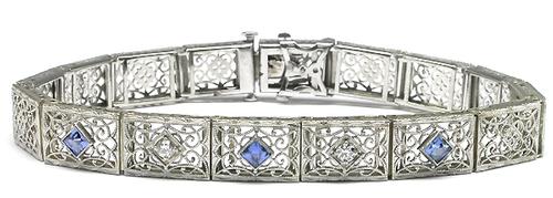 Edwardian  0.80ct Square Cut Sapphire & 0.45 Old Mine Diamond 14k White Gold Bracelet