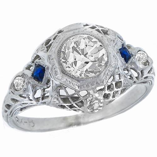 Edwardian  0.85ct Old Mine Cut  Diamond Sapphire 18k White Gold Engagement Ring