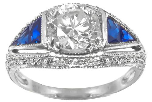 Art Deco1.46ct Round  Diamond Sapphire 18k Gold Engagement Ring