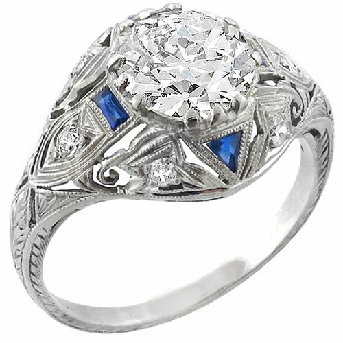 Art Deco EGL Certified 2.00ct Round  Cut Diamond Sapphire Platinum Engagement Ring