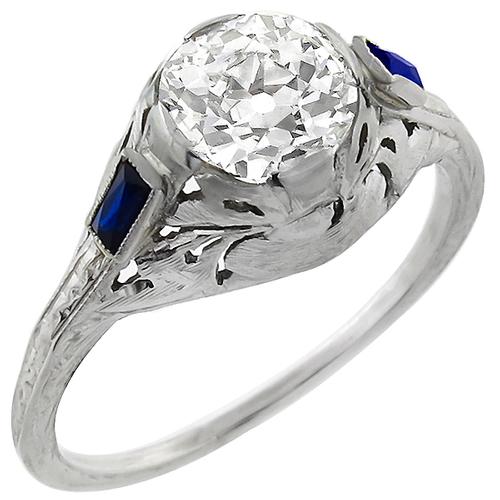 Edwardian 1.01ct Old European Cut Diamond Sapphire 18k White Gold  Engagement Ring 