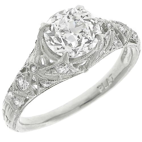Edwardian GIA Certified  1.25ct Round Brilliant  Diamond Platinum Engagement Ring 