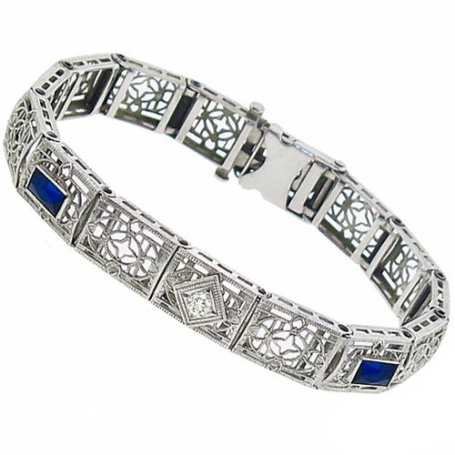 Edwardian Rectagular Cut Sapphire & 0.25ct Round Diamond 14k White Gold Bracelet 