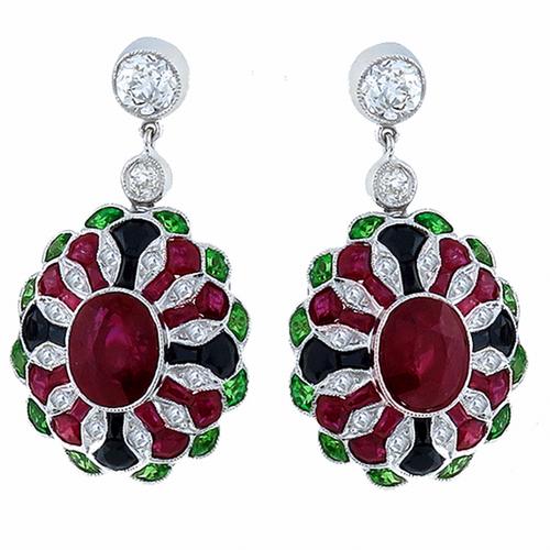 Art Deco Style 5.17ct Oval Cut & Faceted Cut Ruby, 0.76ct Old Mine & Round Cut Diamond, 1.00ct Faceted Cut Tsavorite  & Onyx 18k White Gold Earrings 