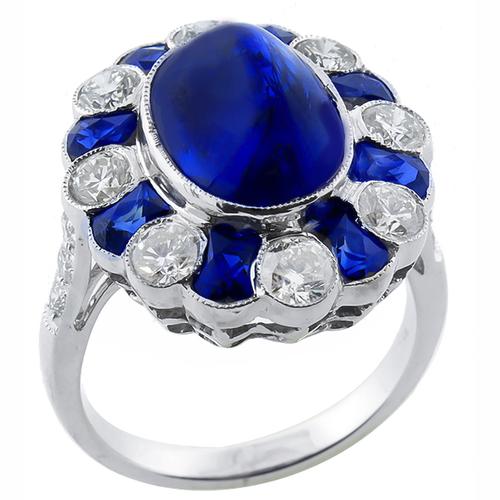 Art Deco Style 7.22cttw Sugar Loaf and  &  Faceted Cut  Sapphire 1.40ct Round Diamond 18k White Gold Ring