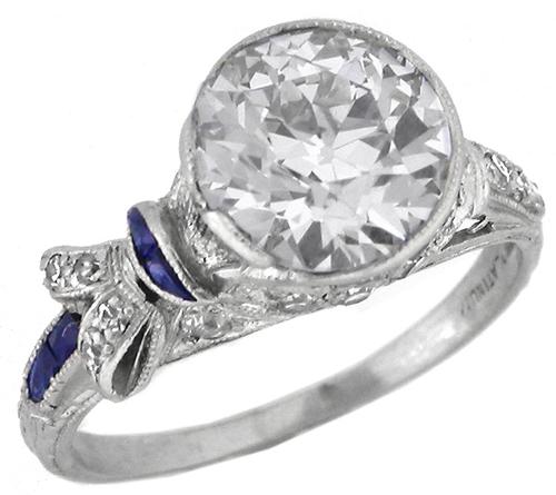 Art Deco 2.42ct Old European Diamond Sapphire Platinum Engagement Ring