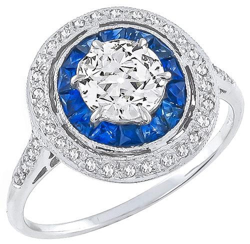 Old Mine Cut Diamond French Cut Sapphire 18k White Gold Engagement Ring
