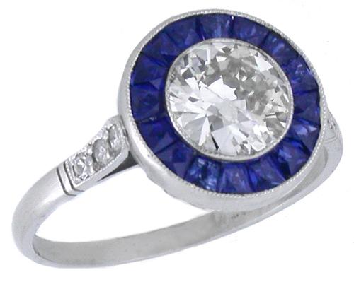 Art Deco Style 0.89ct Old European Diamond 0.60ct Sapphire Platinum Engagement Ring