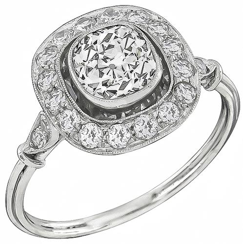 Art Deco Style Old Mine Cut Diamond Platinum Engagement Ring