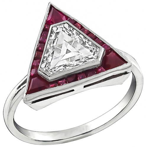 Shield Cut Diamond Ruby Platinum Engagement Ring