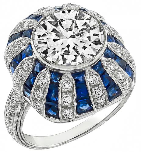 Art Deco Style  Round Cut Diamond Sapphire 18k White Gold Ring