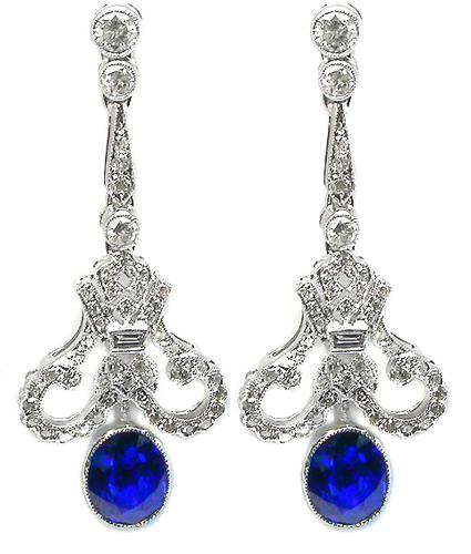 Oval Cut Sapphire Round Cut Diamond 18k White Gold Earrings