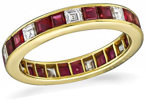 Square Cut Diamond and Ruby 18k Gold Eternity Wedding Band