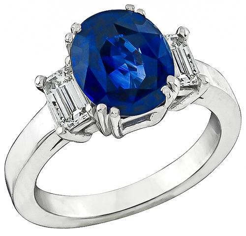 Cushion Cut Sapphire Emerald Cut Diamond 14k White Gold Engagement Ring