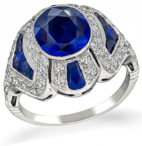 Art Deco Style Cushion Cut Sapphire Round Cut Diamond Platinum Ring