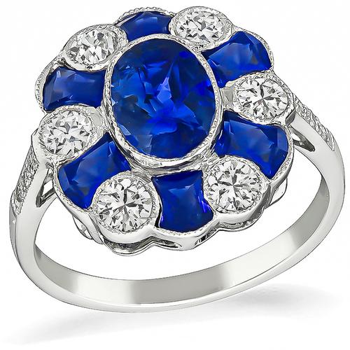 Oval and Faceted Cut Sapphire Round and Old Mine Cut Diamond 18k Gold Ring