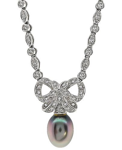 Round Cut Diamond South Sea Pearl 18k White Gold Necklace