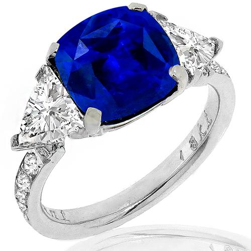Vintage 5.65ct Cushion Cut Ceylon Sapphire 1.00ct Trilliant & 0.50ct Round  Cut Diamond 18k White Gold Engagement Ring 