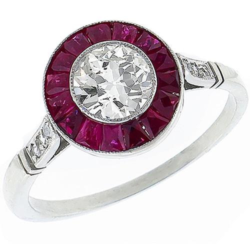 Art Deco Style GIA Certified   0.59ct Old European Brilliant Diamond Ruby Platinum Engagement Ring 