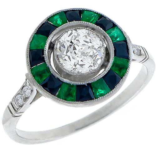 Art Deco Style GIA Certified 0.64ct Old European Brilliant Diamond 0.25ct Emerald Onyx  Platinum Engagement Ring 