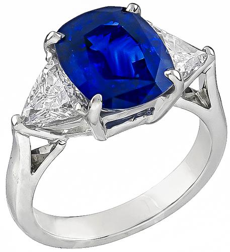 Cushion Cut Sapphire Trilliant Cut Diamond Platinum Engagement Ring