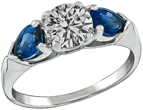 Round Cut Diamond Pear Shape Sapphire Platinum Engagement Ring