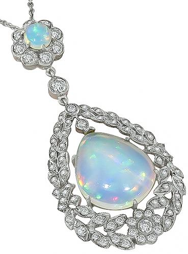 Round and Pear Shape Opal Round Cut Diamond 18k White Gold Pendant