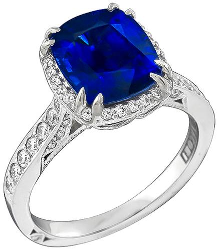 Cushion Cut Ceylon No Heat Sapphire Round Cut Diamond 18k White Gold Engagement Ring