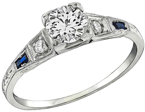 Art Deco Round Cut Diamond Sapphire 18k White Gold Engagement Ring