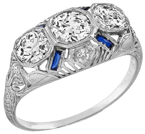 Art Deco Vintage 1.65ct Round and Old Mine Cut Diamond Sapphire Platinum Ring