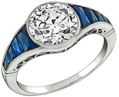 Art Deco Old Mine Cut Diamond French Cut Sapphire Platinum Engagement Ring