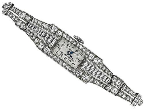 Art Deco Baguette and Round Cut Diamond Platinum Watch