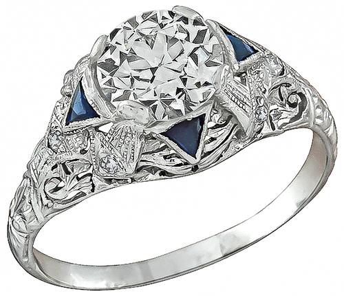 Art Deco Round Brilliant Cut Diamond Sapphire Platinum Engagement Ring