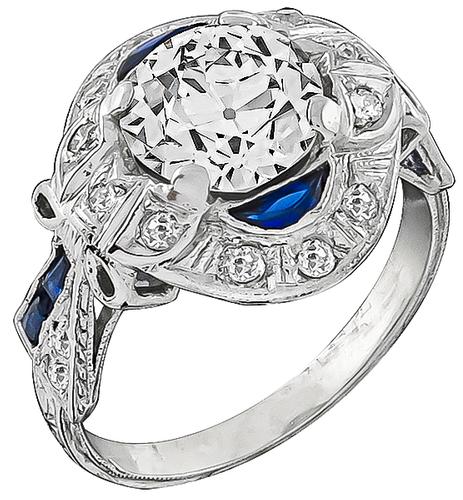 Art Deco Old Mine Cut Diamond Sapphire Platinum Engagement Ring 