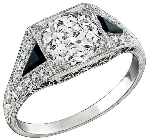 Art Deco Old Mine Brilliant Cut Diamond Onyx Platinum Engagement Ring