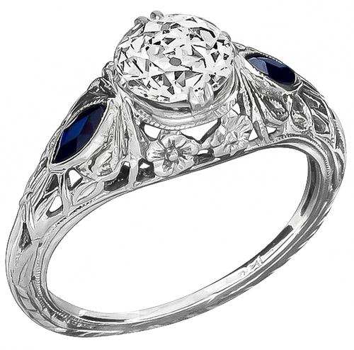 GIA Certified Old European Cut Diamond Sapphire 18k White Gold Art Deco Engagement Ring
