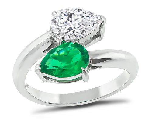 Pear Shape Diamond and Emerald Platinum Ring