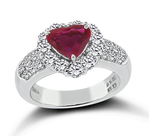 Heart Shape Burma Ruby Round Cut Diamond Platinum Heart Ring
