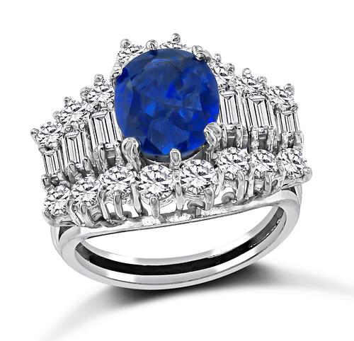 Oval Cut Sapphire Baguette and Round Cut Diamond 14k White Gold Ring