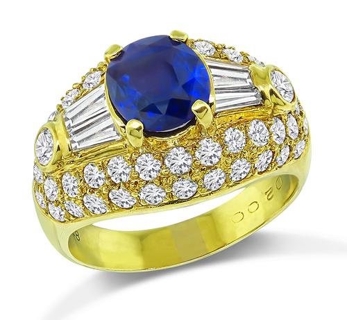 Cushion Cut Ceylon Sapphire Round and Baguette Cut Diamond 18k Yellow Gold Ring