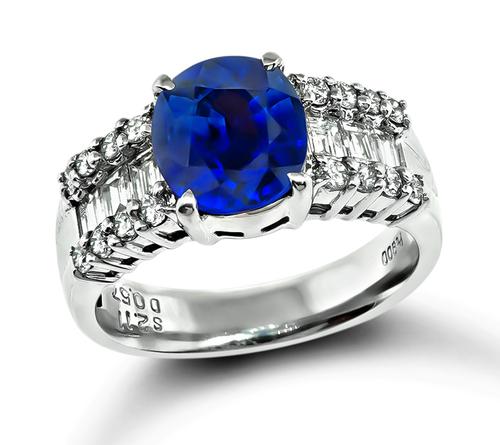 Cushion Cut Sapphire Baguette and Round Cut Diamond Platinum Engagement Ring