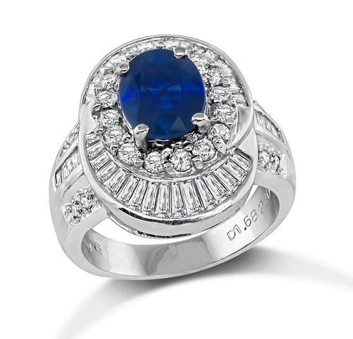 Oval Cut Sapphire Round and Baguette Cut Diamond 18k White Gold Ring