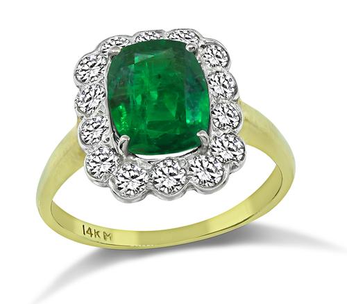Cushion Cut Emerald Round Cut Diamond 14k Gold Engagement Ring