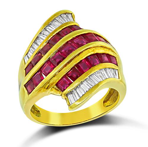 Square Cut Ruby Baguette Cut Diamond 18k Yellow Gold Ring