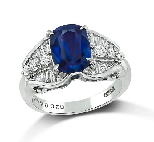 Cushion Cut Sapphire Baguette and Round Cut Diamond Platinum Engagement Ring