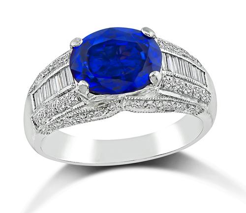 Oval Cut Sapphire Baguette and Round Cut Diamond Platinum Ring