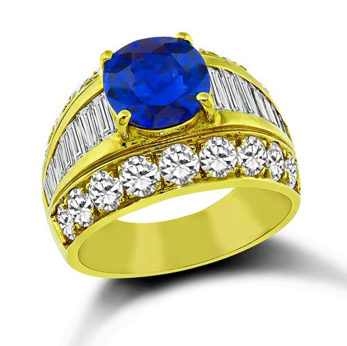 Cushion Cut Sapphire Round and Baguette Cut Diamond 18k Yellow Gold Ring